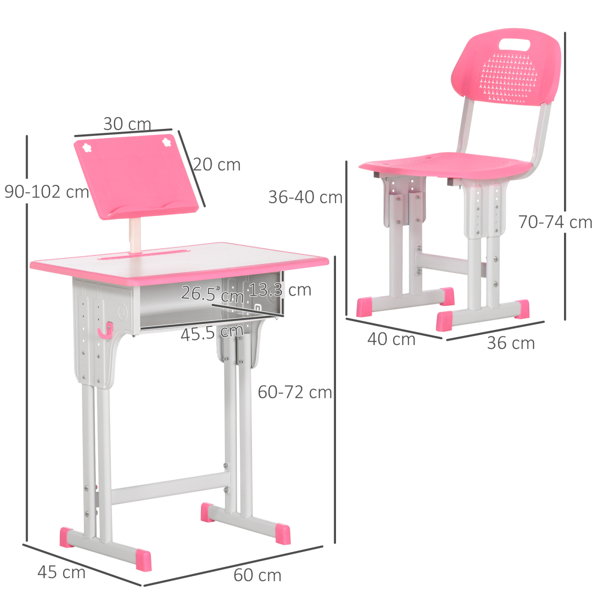 HOMCOM Kids Desk and Chair Set with Drawer, Book Stand & Cup Holder – Height Adjustable Study Table, Pink