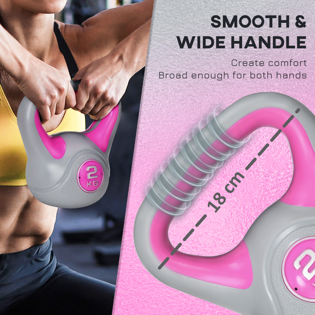 SPORTNOW 2kg Kettlebell with Wide Handle & Flat Base – Home Gym Strength Training Weight, Pink and Grey