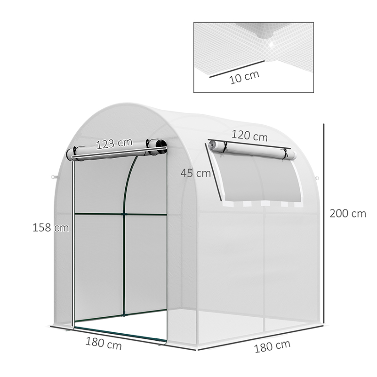 Outsunny 180 x 180 x 200cm Walk-In Polytunnel Greenhouse with Roll-Up Door and Window, PE Cover, White