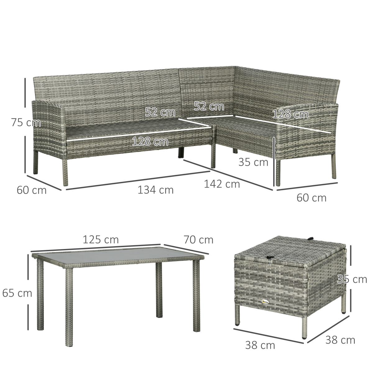 Outsunny 5-Piece Rattan Dining Corner Sofa Set with Glass Table and Footstools – Garden Furniture, Dark Blue