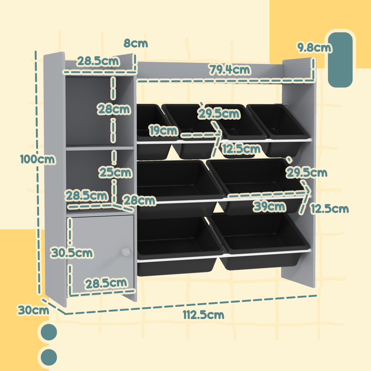 AIYAPLAY Kids Toy Storage Unit with 8 Removable Bins, Shelves & Cabinet – Grey