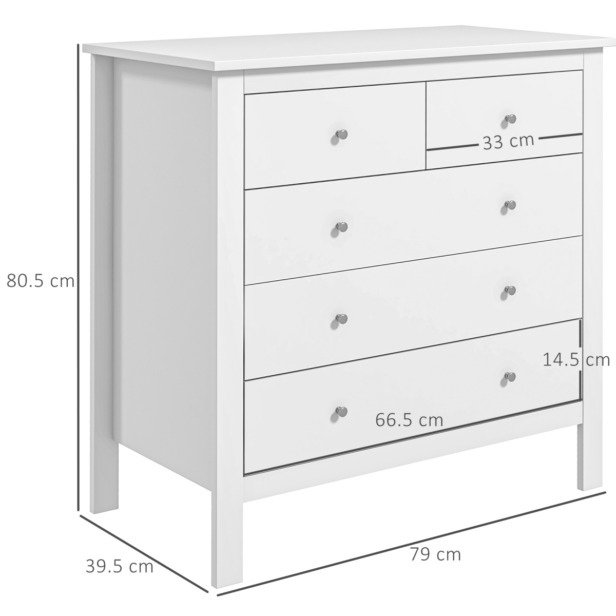 HOMCOM Modern 5-Drawer Chest with Metal Knob Handles – Bedroom Storage Cabinet, 2 Small and 3 Large Drawers, White
