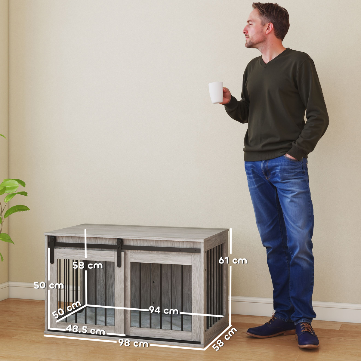 PawHut Dog Crate Furniture with Removable Cushion and Barn Door Design – Side Table Kennel for Large Dogs, Grey
