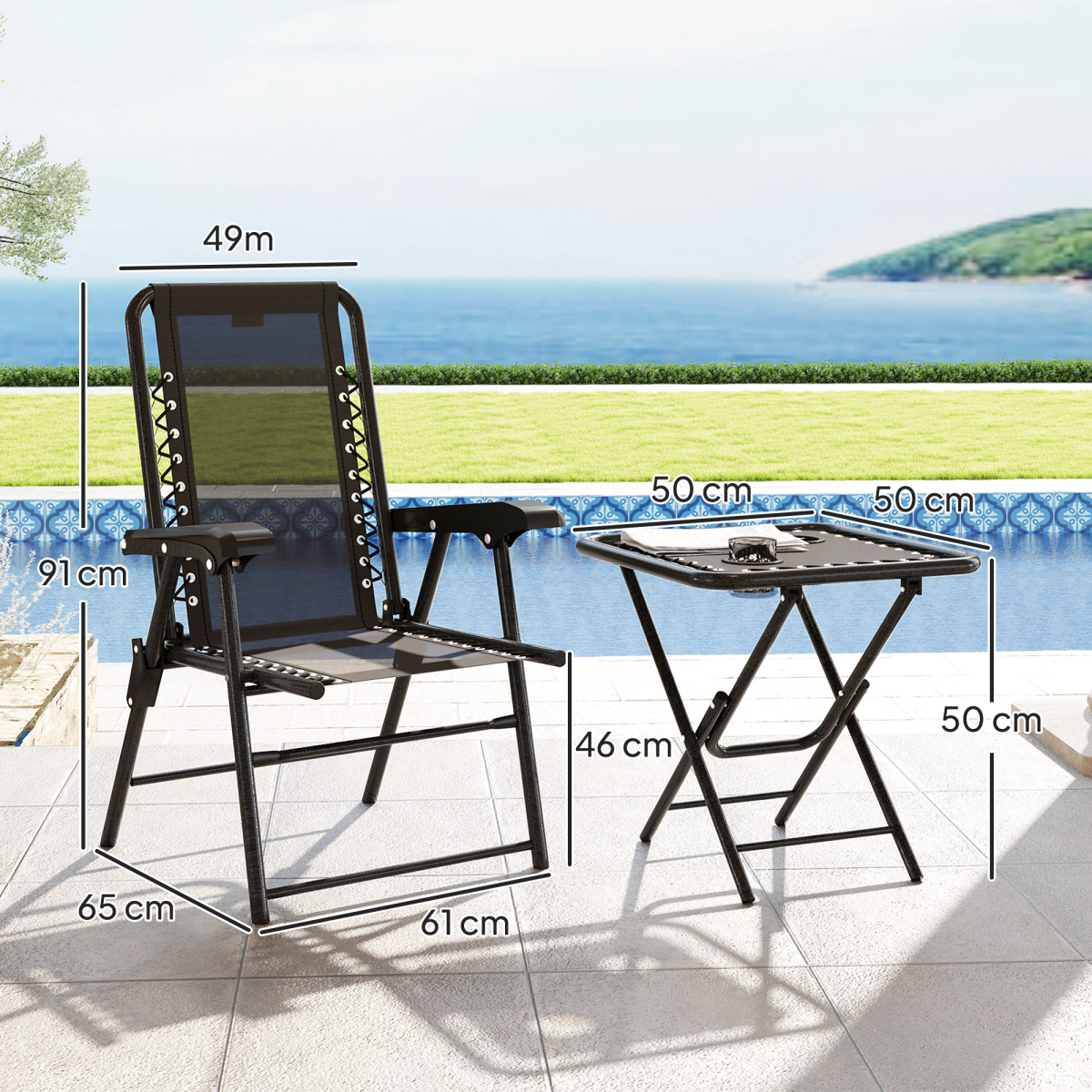 Outsunny 3 Piece Folding Garden Bistro Set with 2 Chairs, Table & Cup Holders – Texteline Seats, Black