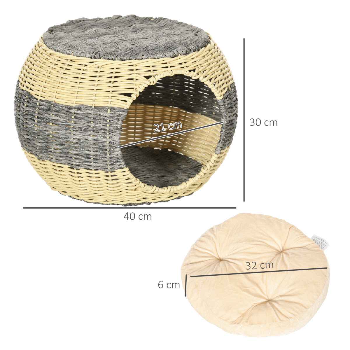 PawHut Wicker Cat House with Soft Cushion, PE Rattan Raised Cat Bed – Enclosed Pet Cave, 40 x 30cm
