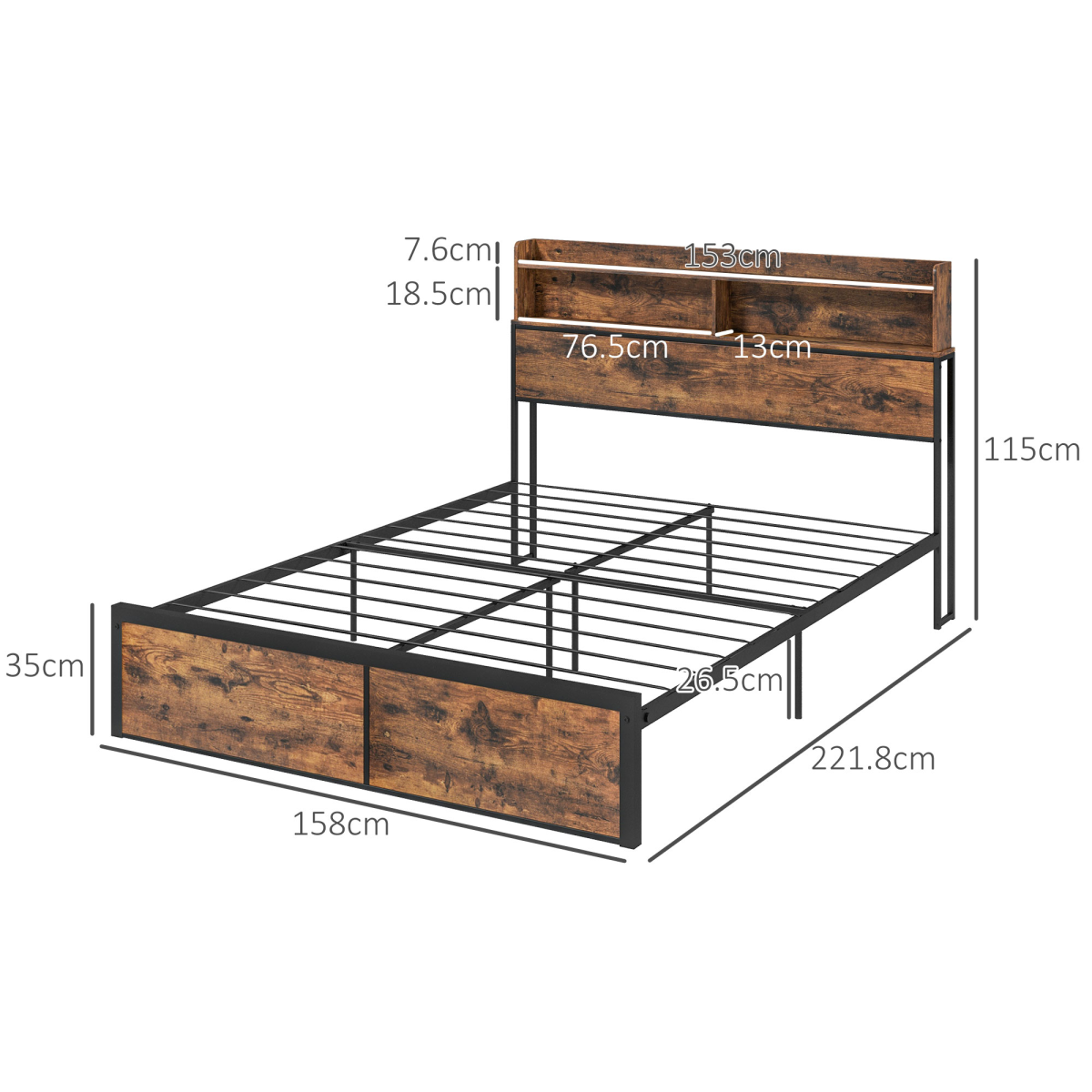 HOMCOM 5ft King Size Bed Frame with Storage Headboard – Under Bed Storage, Steel Frame