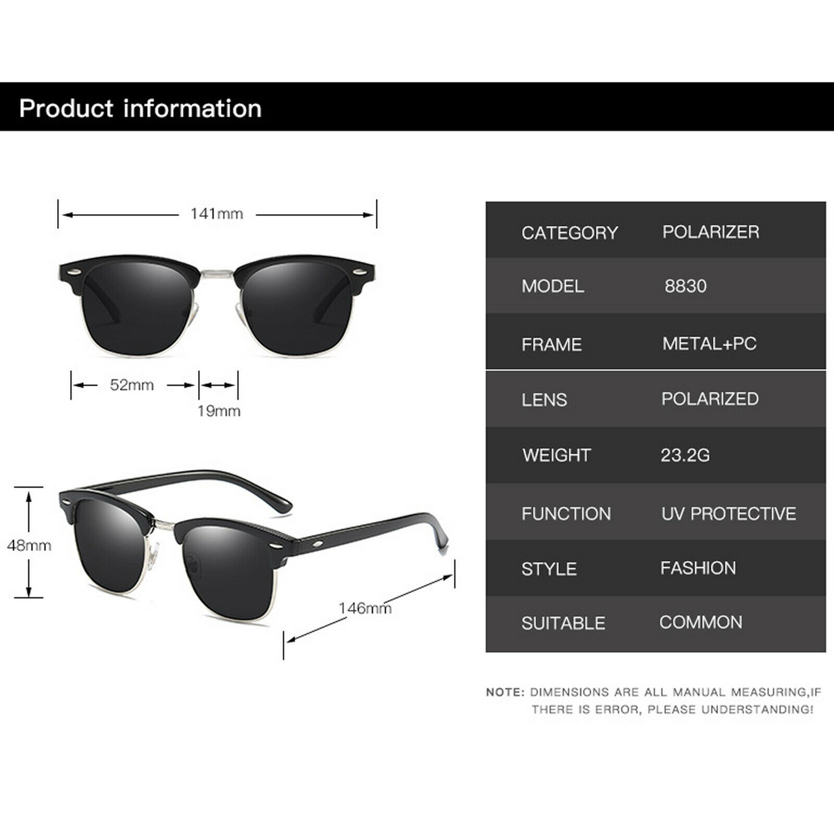 Men's Half Frame Polarised Sunglasses, Black Horn Rimmed, UV400 – Driving and Fishing
