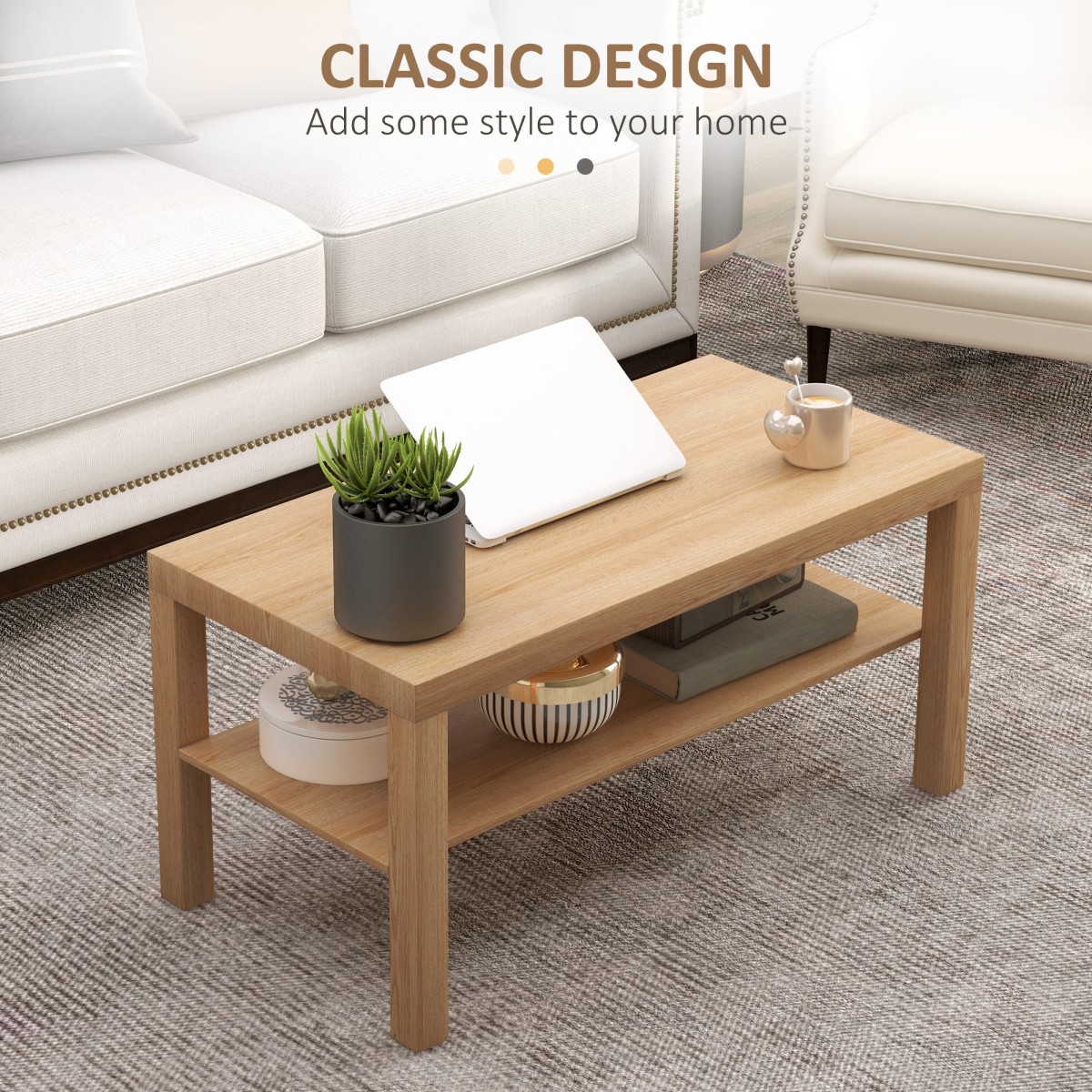 HOMCOM Rectangular Coffee Table with Open Storage Shelf – Wood-Effect Living Room Centre Table, Natural