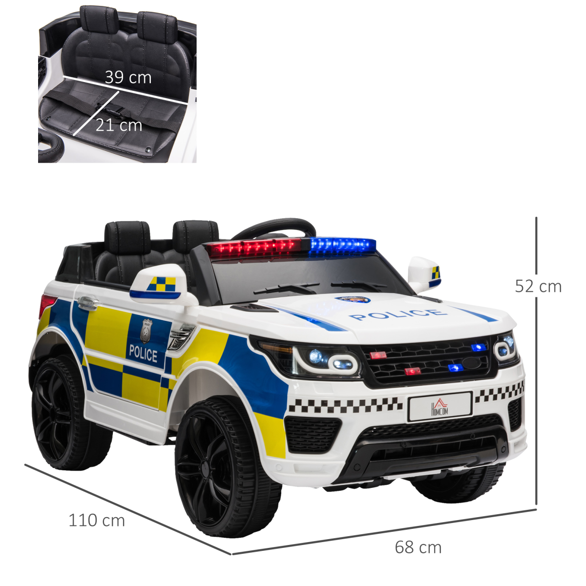 HOMCOM 12V Kids Electric Ride-On Police Car with Remote Control, Siren and Bluetooth – For 3-6 Years