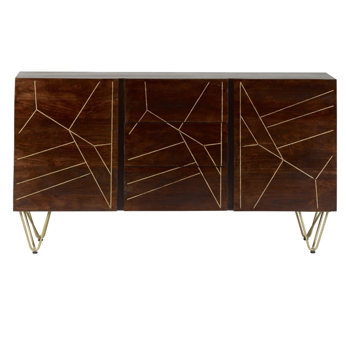 Extra Large Sideboard with Dark Gold Inlay, 3 Drawers & 2 Doors – Solid Wood Storage for Dining & Living Rooms