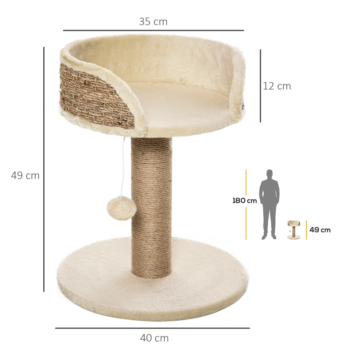 Pawhut Small Cat Tree with Jute Scratching Post, Plush Perch Bed and Hanging Ball – Indoor Cat Activity Centre