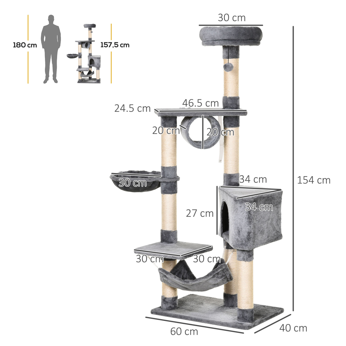 Pawhut 150cm Cat Tree with Condo, Side Bed and Sisal Scratching Posts – Multi-Platform Kitten Activity Tower