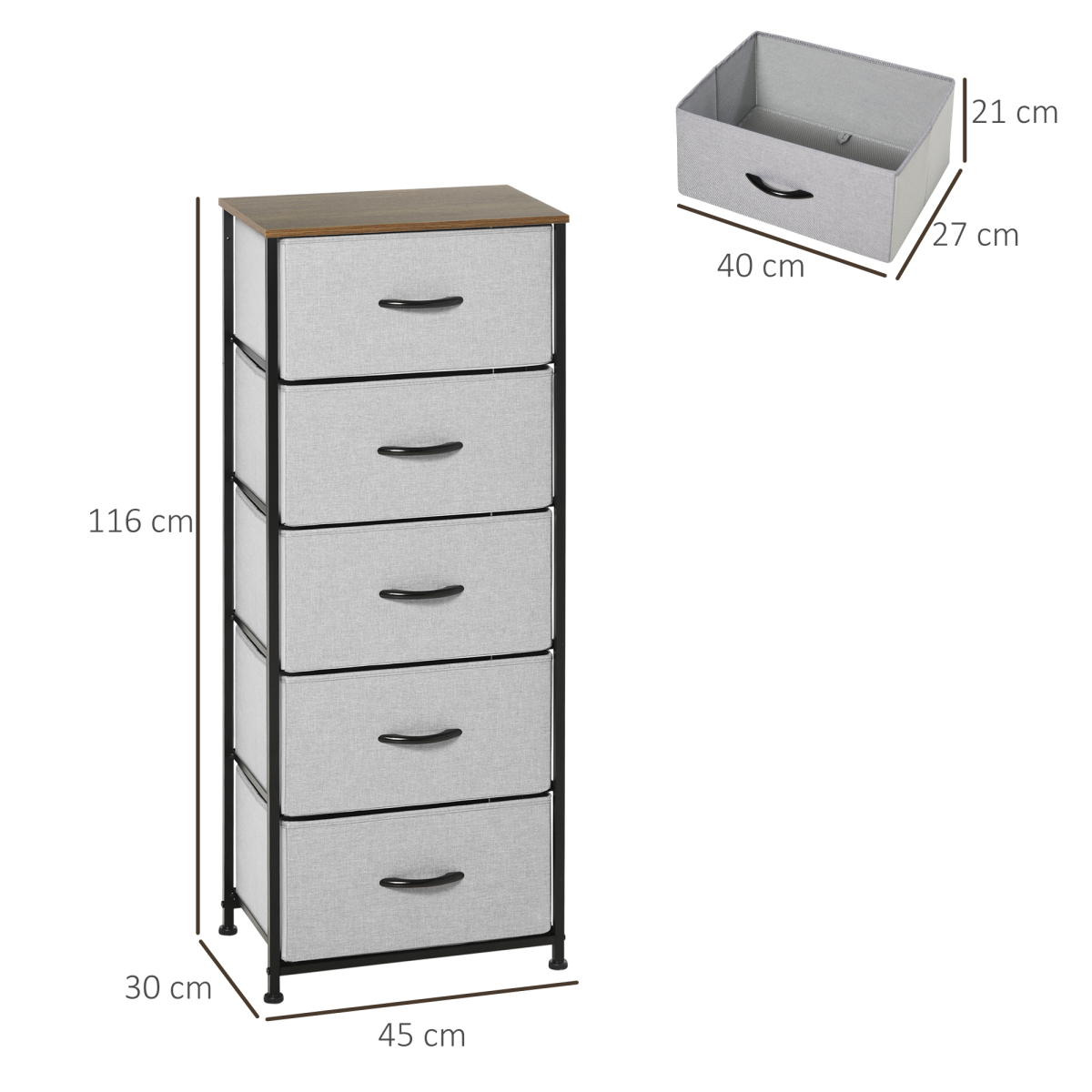 HOMCOM 5-Drawer Fabric Chest of Drawers with Steel Frame & Wooden Top – Bedroom Storage, Grey