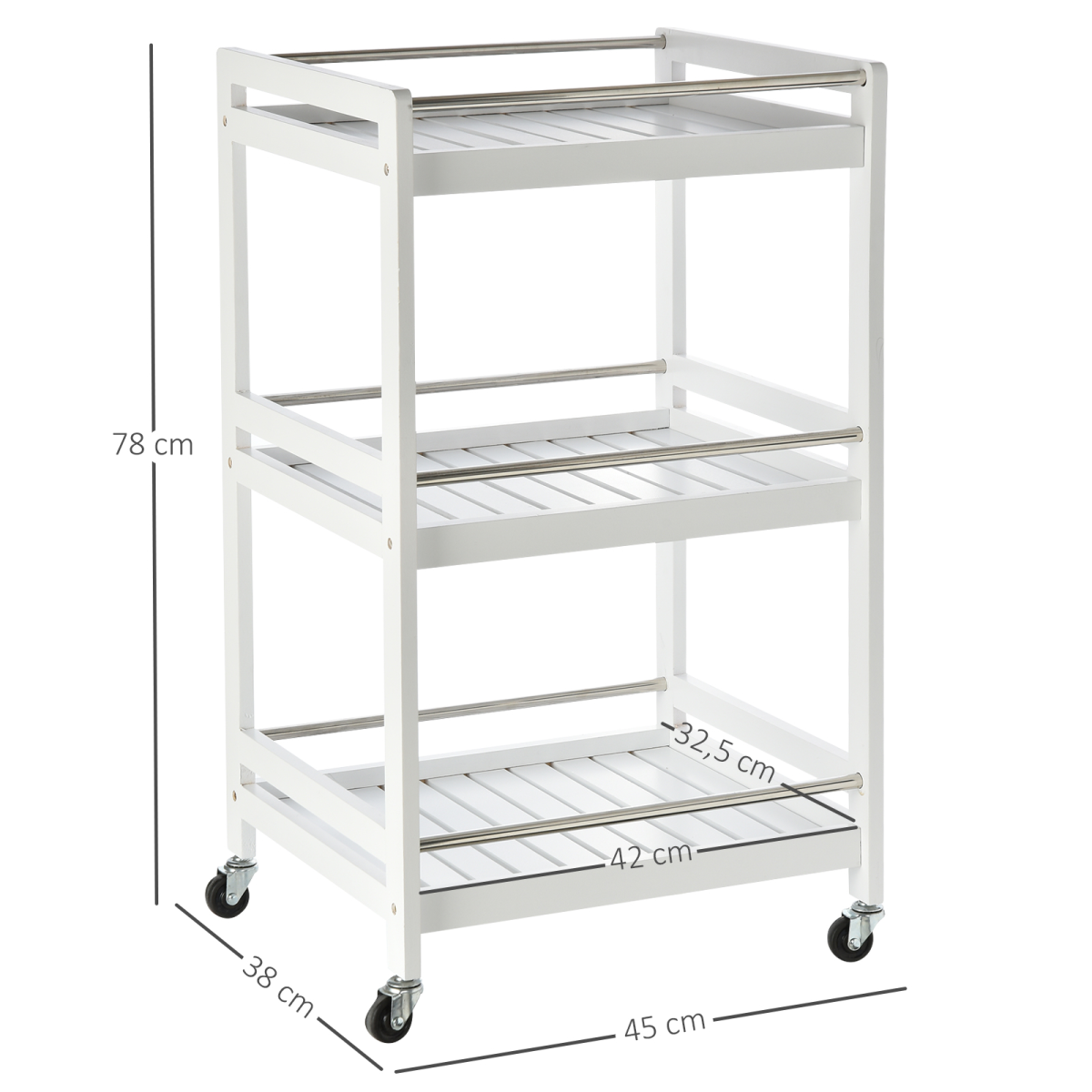 HOMCOM Pine Wood 3-Tier Kitchen Trolley with Four Wheels & Steel Handle – Storage Serving Cart, White
