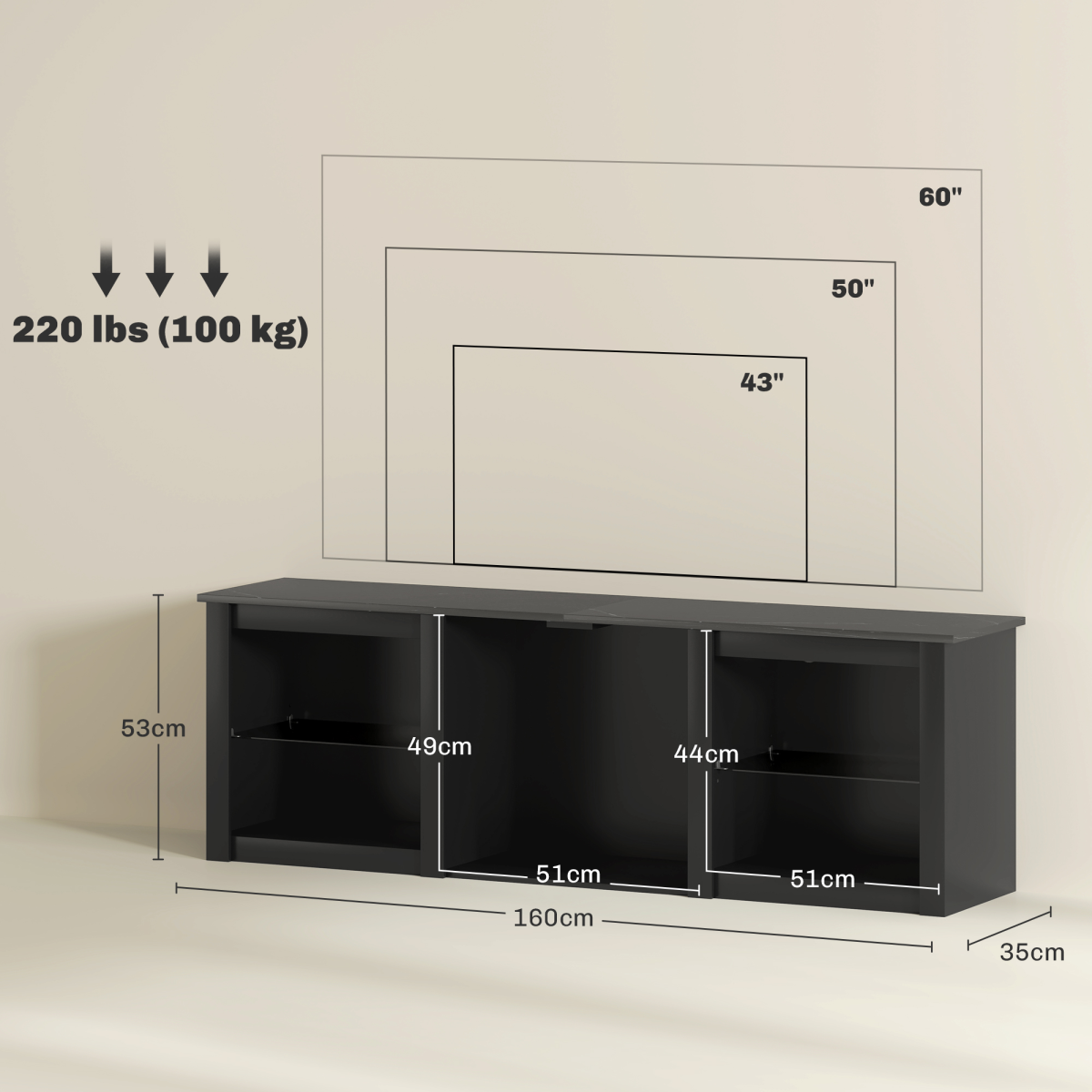 HOMCOM 160cm TV Unit with RGB LED Lights & Glass Shelves for TVs up to 65 in – Black Marble Effect