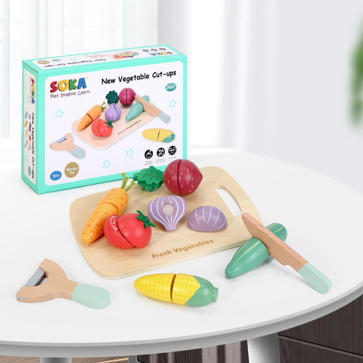 SOKA Wooden Cutting Vegetables Play Set, 9 Pieces – Pretend Play Kitchen Toy for Kids