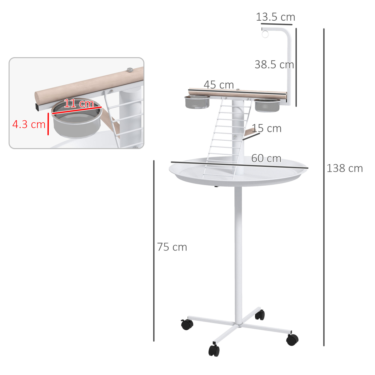 PawHut Bird Table with Four Wheels, Perches and Stainless Steel Bowls – Small Parrot Stand, White