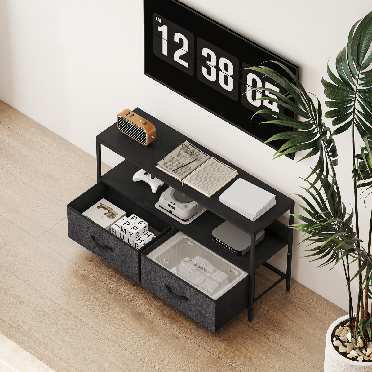 Industrial TV Stand with 2 Foldable Fabric Drawers for TVs up to 47 in – Steel Frame Media Unit, Black & Charcoal