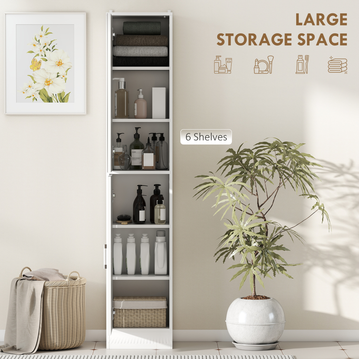kleankin Tall Bathroom Cabinet with Mirror Door – Narrow Storage with Adjustable Shelves, High Gloss White