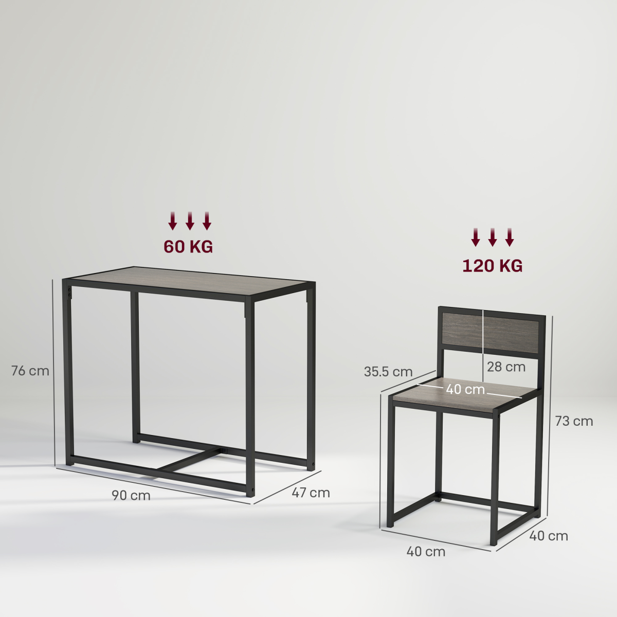 HOMCOM 3 Piece Dining Table Set with Two Stools and Steel Frame – Industrial Kitchen Table, Grey Wood-Effect