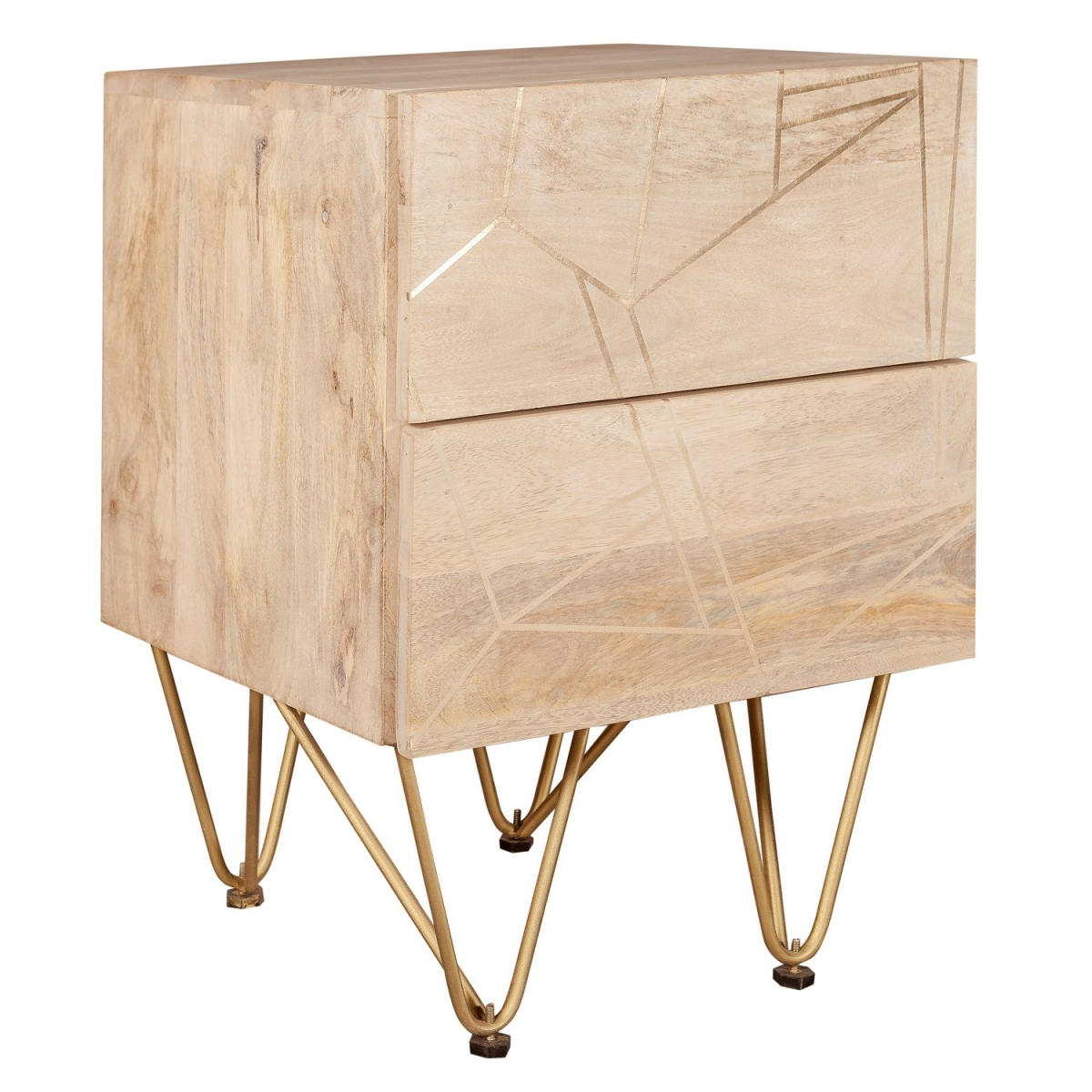 Light Gold Metal Inlay 2-Drawer Side Table in Solid Wood – Retro Angled Legs, Lamp & Bedside Table