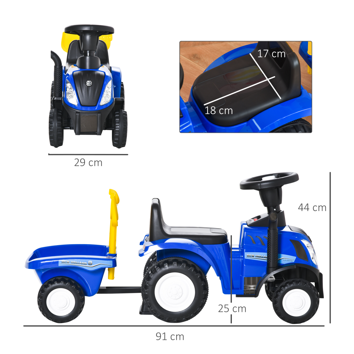 HOMCOM Toddler Ride-On Tractor Walker with Horn and Headlights – Foot-to-Floor Slider, 12–36 Months, Blue