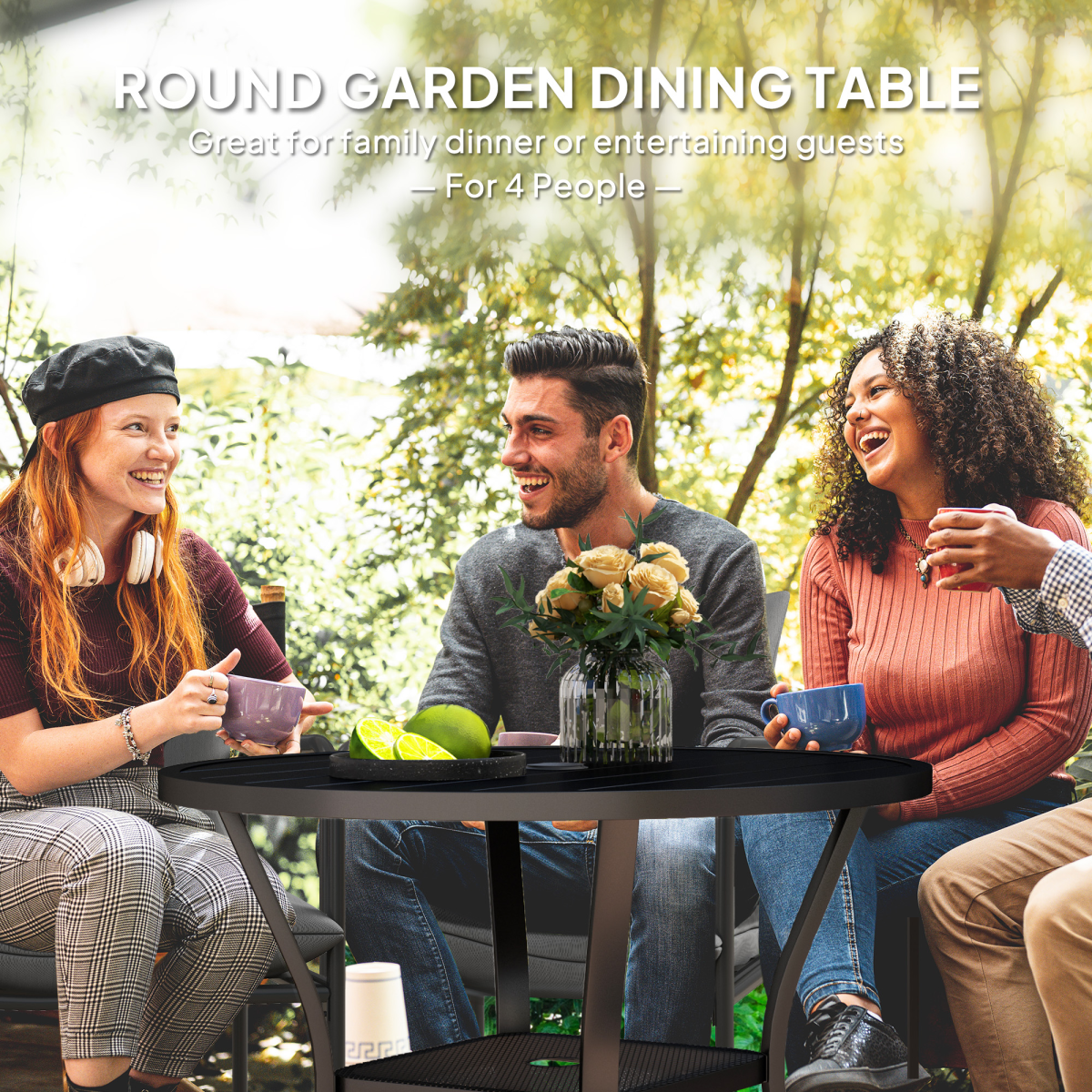 Outsunny 90cm Round Garden Dining Table with Parasol Hole – Slatted Steel Patio Table for 4, Black
