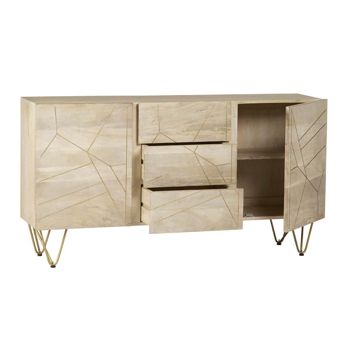Extra Large Sideboard with Light Gold Metal Inlay, 3 Drawers & 2 Cupboard Doors – Solid Wood