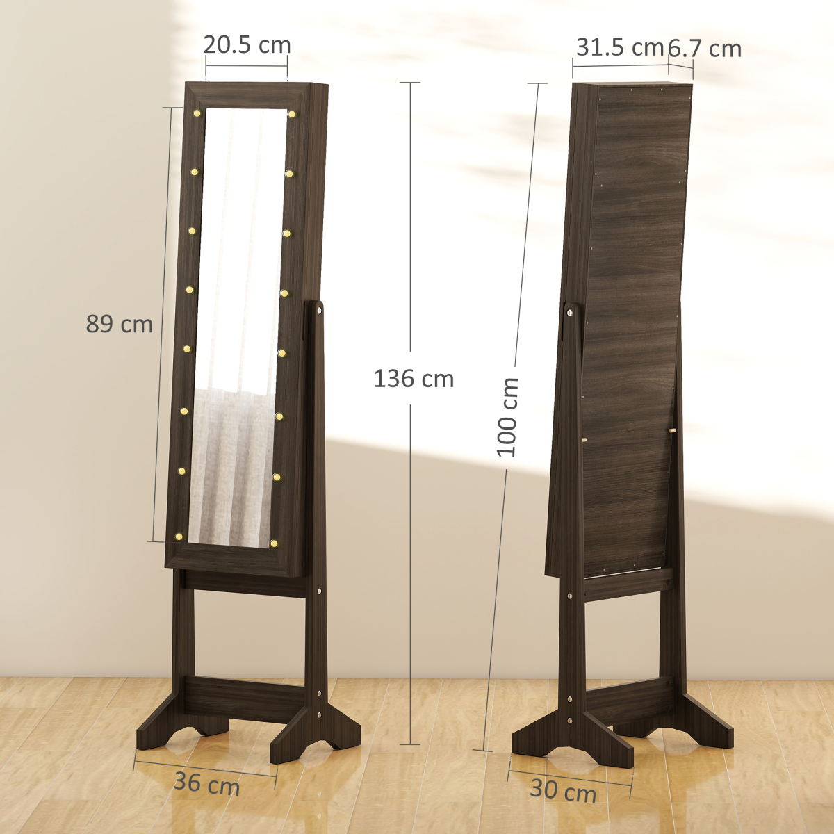 Freestanding Mirrored Jewellery Cabinet with 16 LEDs and 3 Angles – Full Length Mirror Storage, Dark Brown