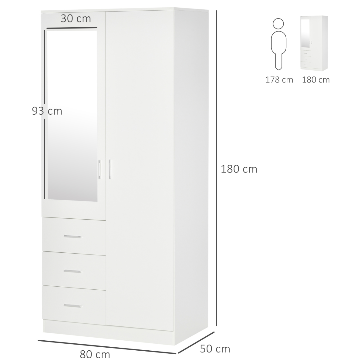 2-Door Wardrobe with Hanging Rail, 3 Shelves & 3 Drawers – 180cm Bedroom Storage, White