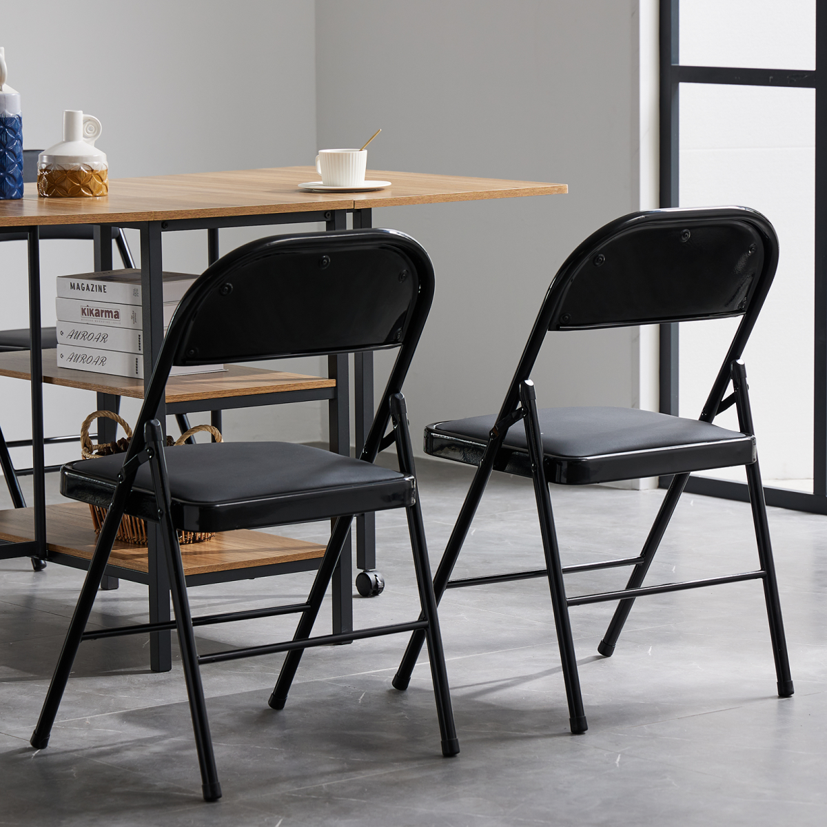 Set of 4 Foldable Steel & PVC Chairs with Padded Seat and Backrest – 150kg Capacity, Black