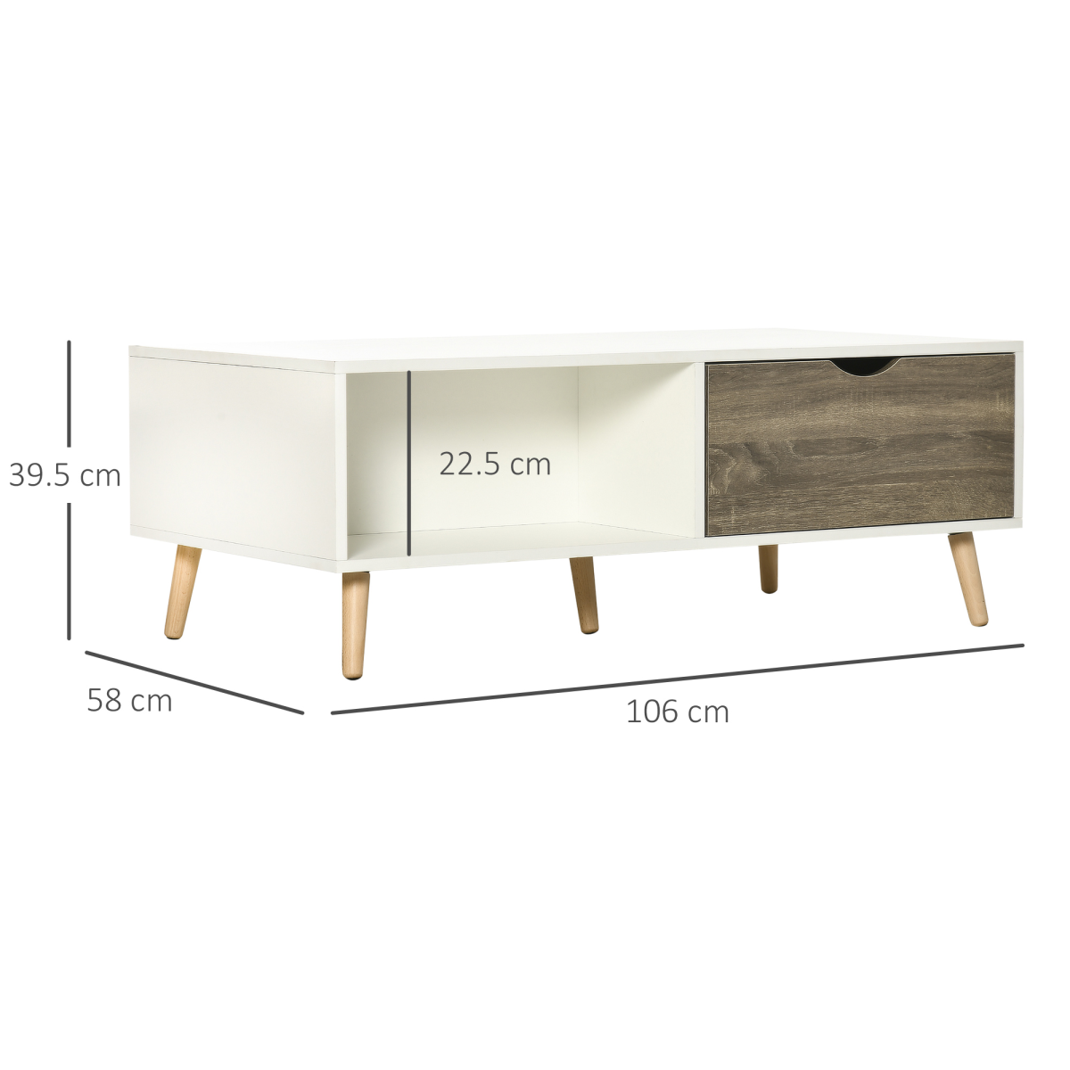 Modern White Coffee Table with Storage Shelves and 2 Sliding Drawers – Living Room Table with Wood-Effect Drawers