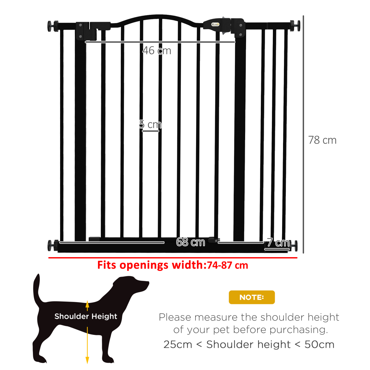 PawHut 74-87cm Adjustable Metal Pet Gate with Auto-Close & Double Lock – Safety Barrier for Doors & Stairs, Black