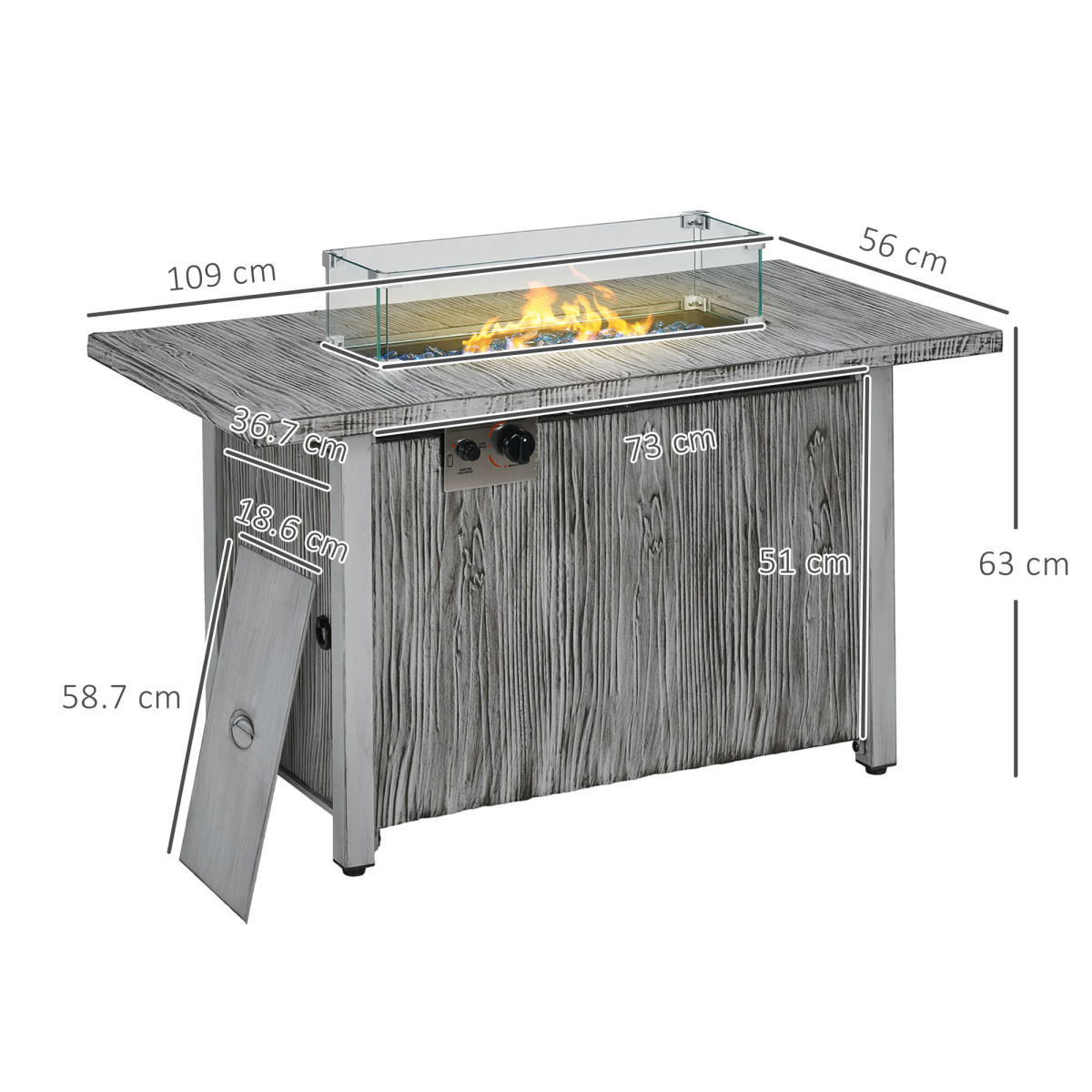 Outsunny 50,000 BTU Propane Gas Fire Pit Table with Waterproof Cover and Glass Screen, Wood-Effect Grey
