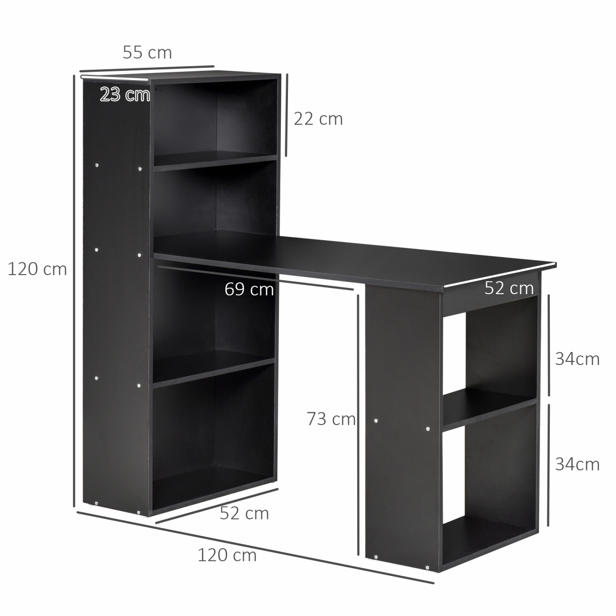 HOMCOM Computer Desk with 6 Shelves and Cubbies – Space-Saving Home Office Workstation, 120cm, Black