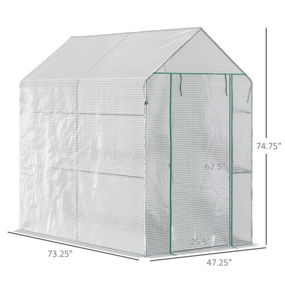 Walk-in Greenhouse with 4 Wire Shelves & Zipped Roll-up Door – Steel Frame Grow House, White Cover & Green Frame