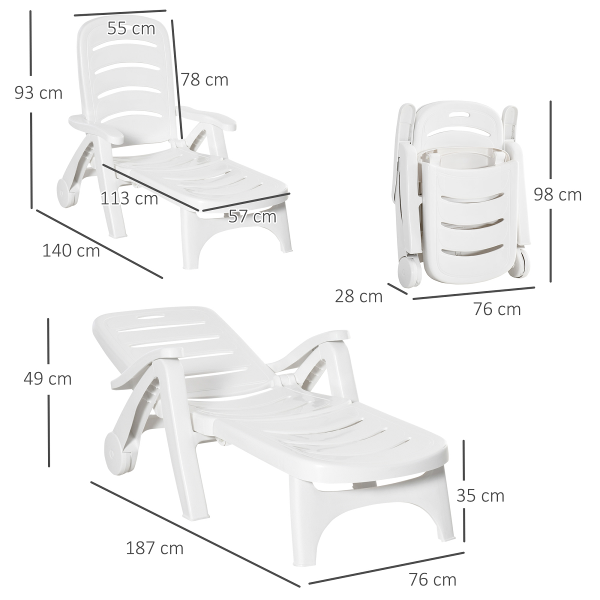 Outsunny Folding Patio Lounge Chairs Set of 2 with 5-Position Backrest & Wheels – PP Sun Loungers, White