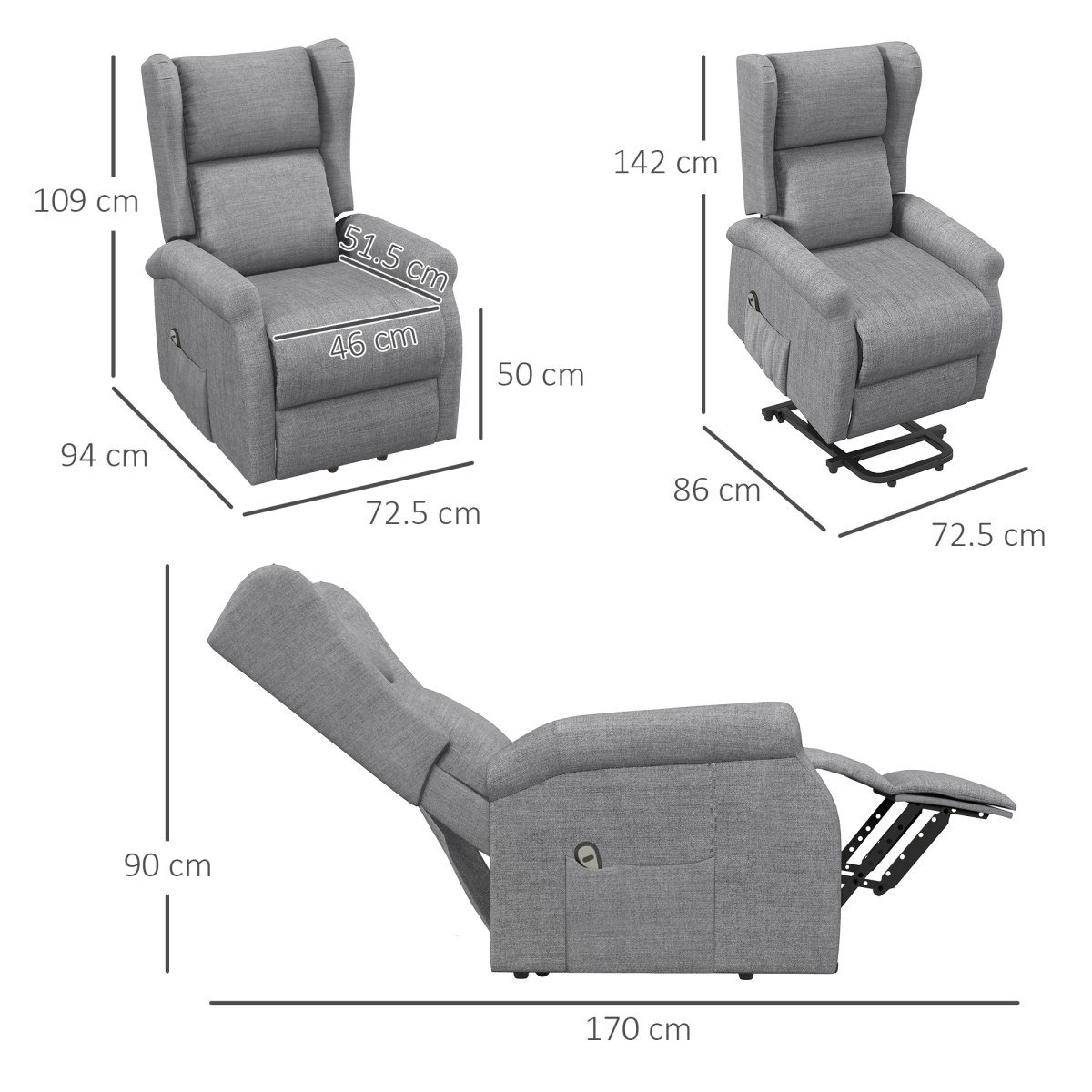 HOMCOM Power Lift Fabric Recliner Armchair with Remote Control – Electric Riser Chair, Grey