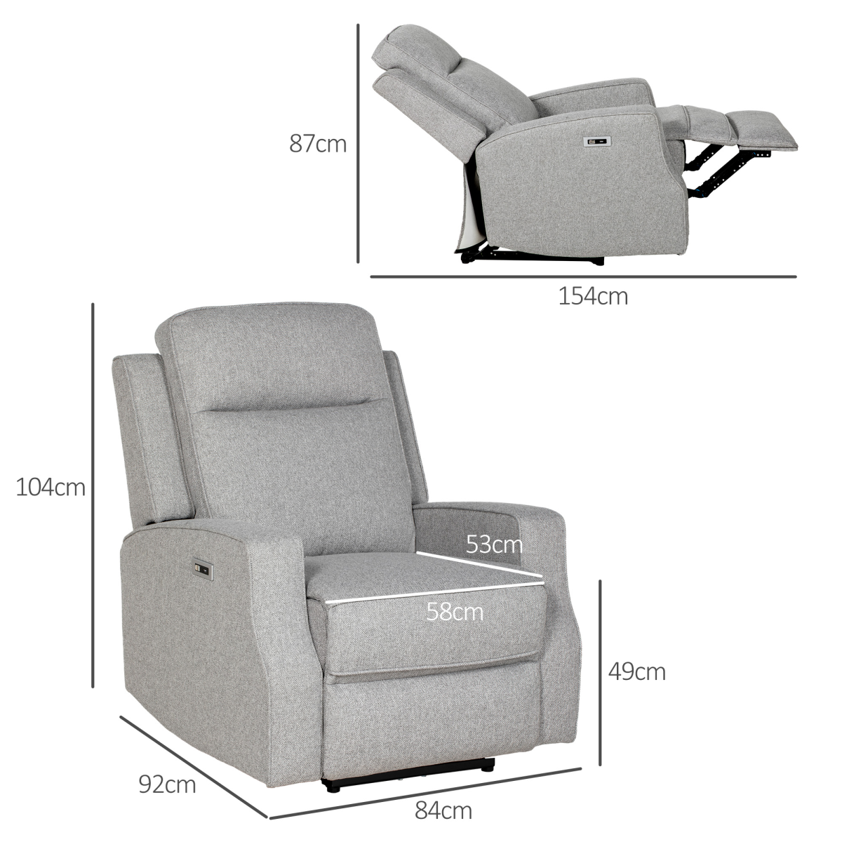 HOMCOM Electric Fabric Recliner Armchair with USB Port & Retractable Footrest – Grey