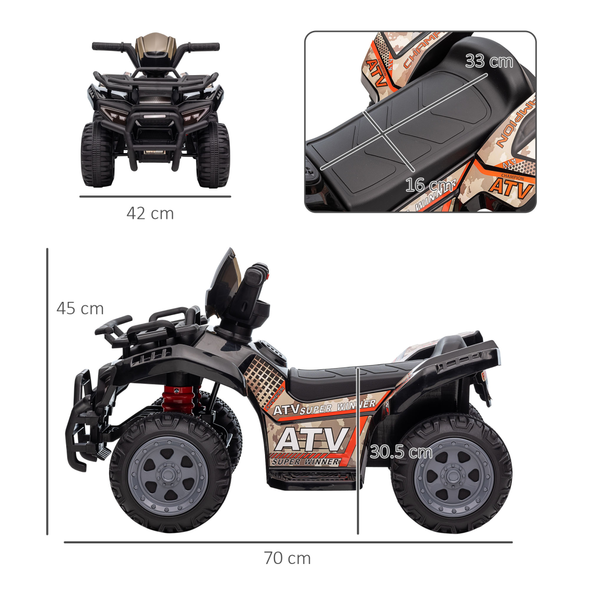 Kids Ride-On Four Wheeler ATV with Music and Large Tyres – Electric Quad for Ages 18-36 Months, Black