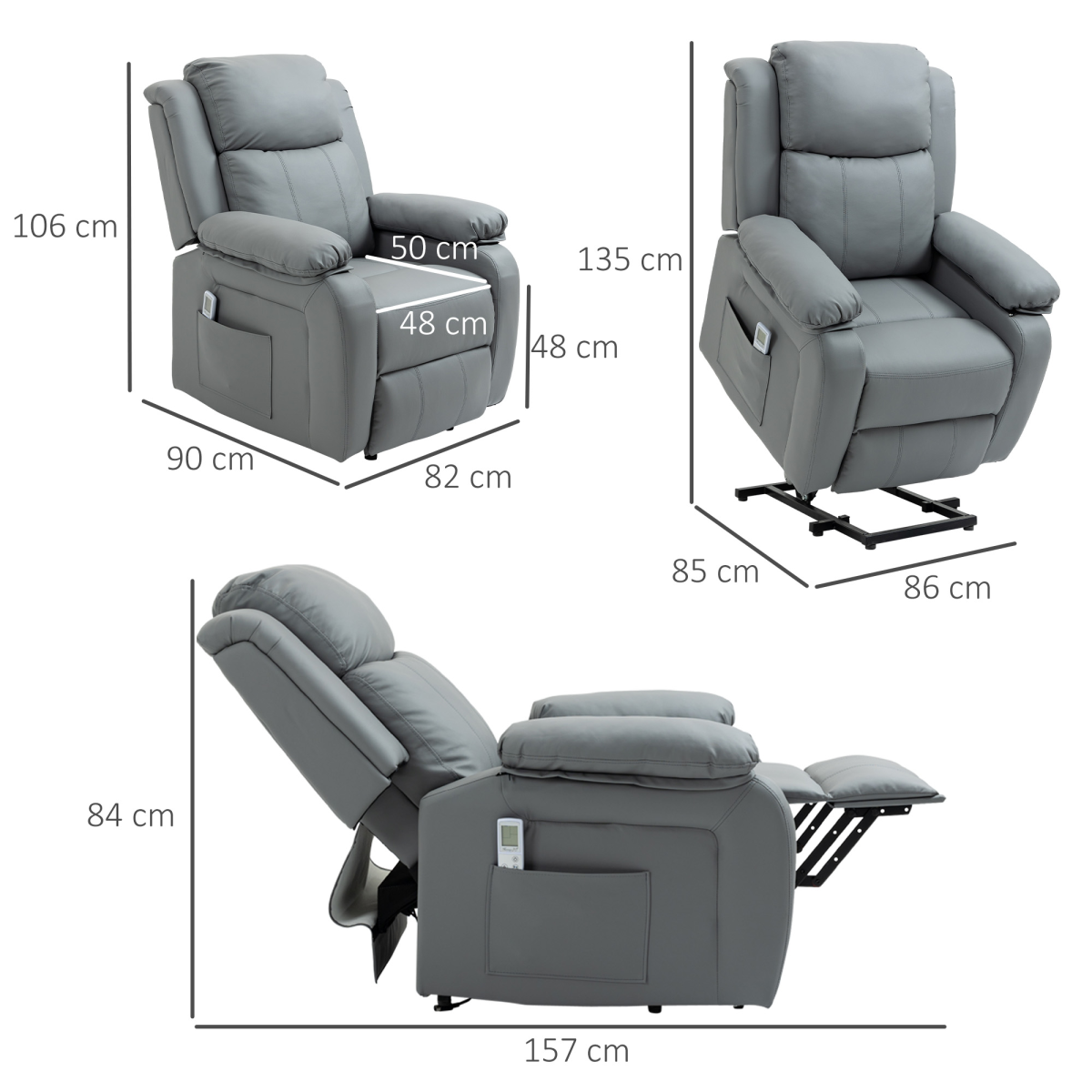HOMCOM Electric Power Lift Recliner Chair with Vibration Massage & Side Pocket – Grey