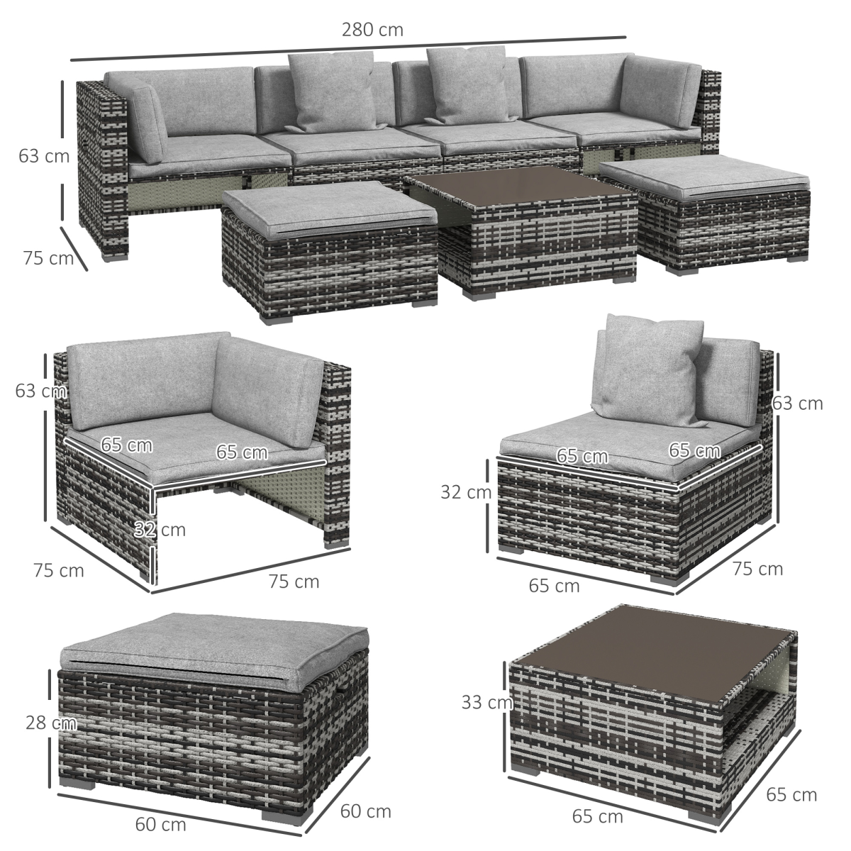 Outsunny 7-Piece Rattan Garden Furniture Set with Lift-Up Storage Shelves, Glass-Top Coffee Table & Stools – Patio Sofa Set, Mixed Grey