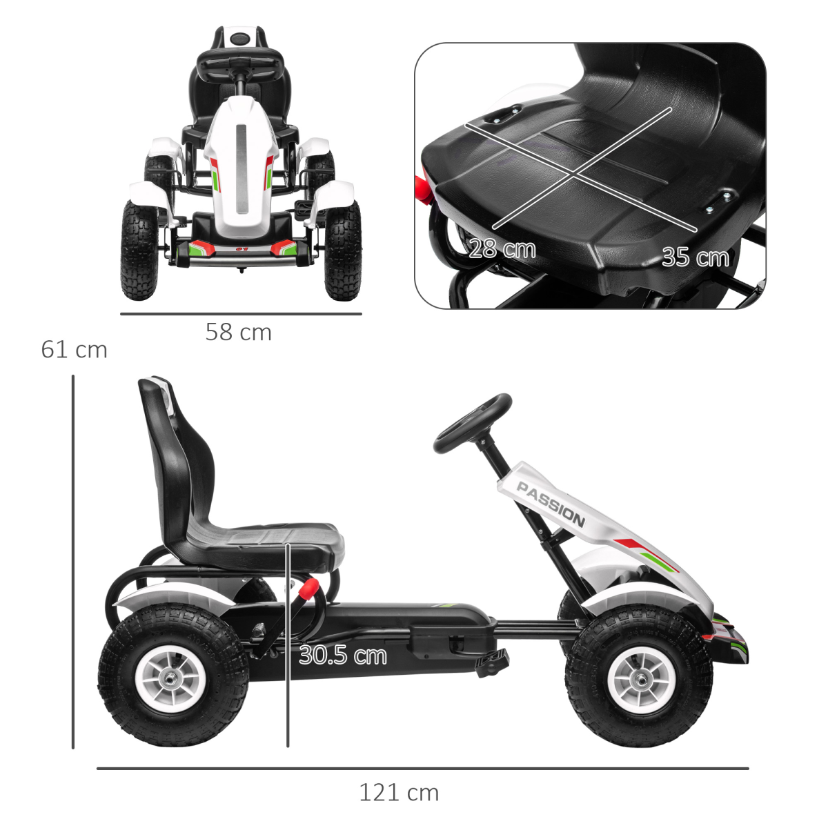 HOMCOM Children's Pedal Go Kart with Adjustable Seat, Inflatable Tyres and Handbrake – Ages 5-12, White
