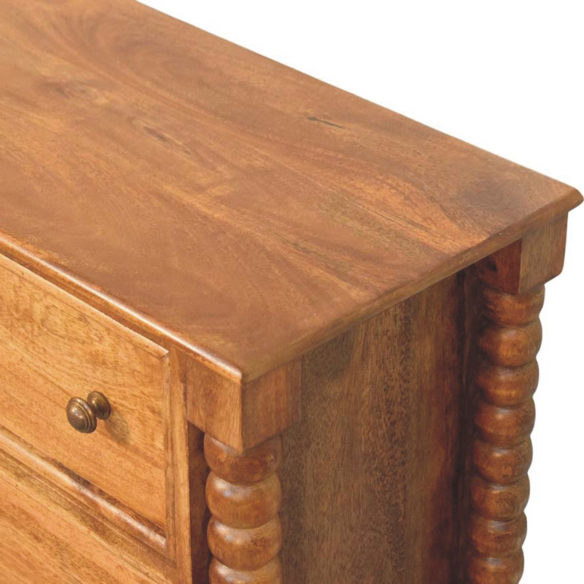 Artisan Furniture Solid Wood Spindle Chest of Drawers with 3 Drawers – Bedroom Storage, Amber Oak Brown