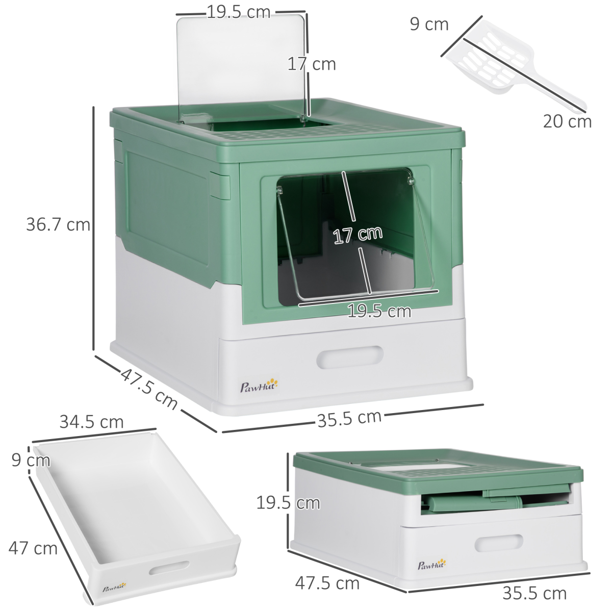 PawHut Hooded Cat Litter Box with Scoop & Removable Tray – Portable Enclosed Pet Toilet, Green