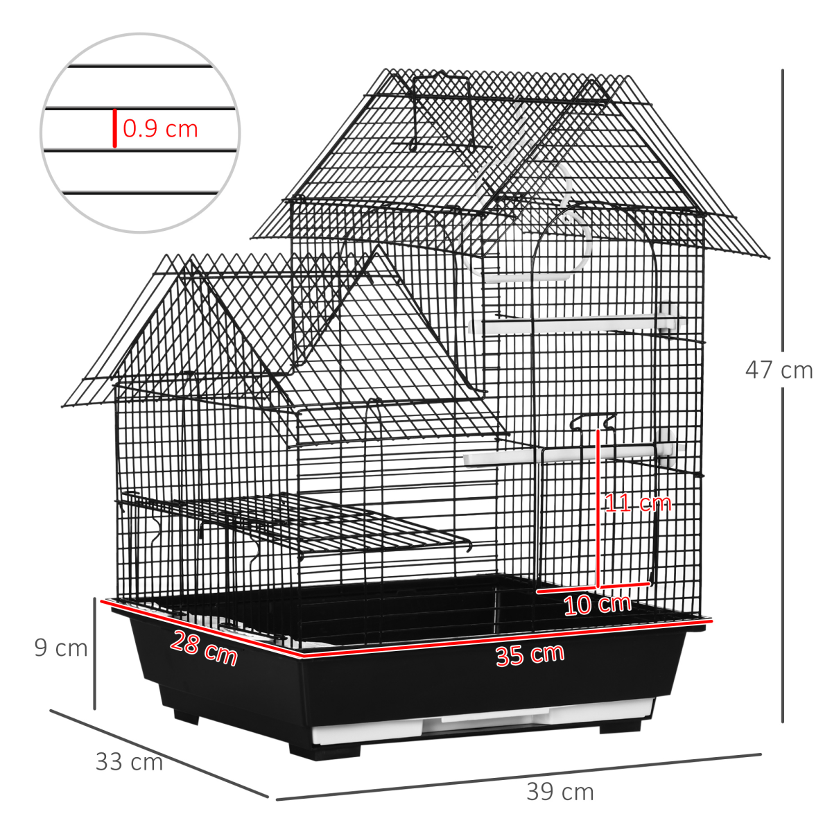PawHut Metal Bird Cage with Plastic Perch, Food Container, Swing Ring and Handle – Compact Cage, Black