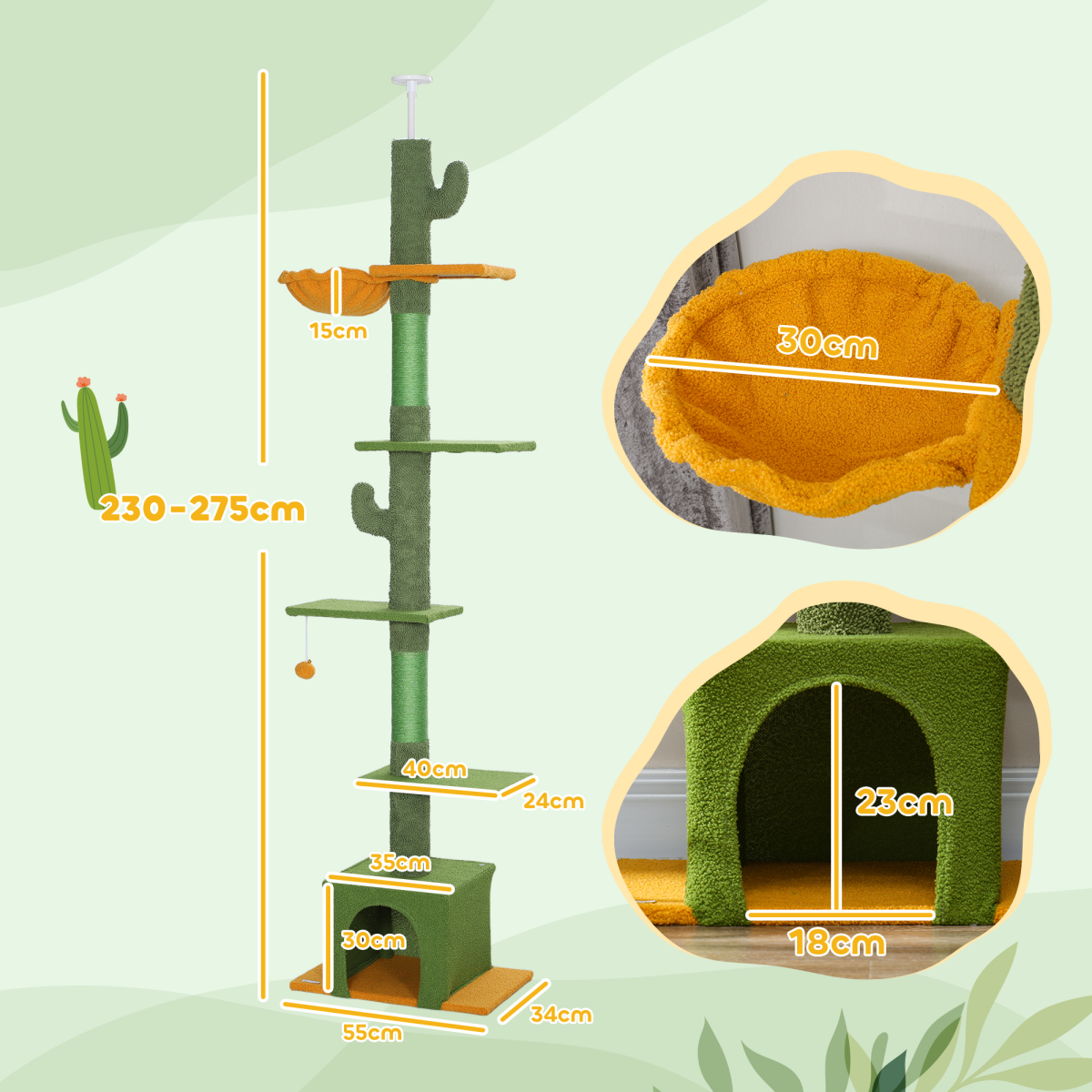 PawHut 230-275cm Floor-to-Ceiling Cat Tree for Indoor Cats with Cat House, Hammock & Anti-Tip Kit – Green