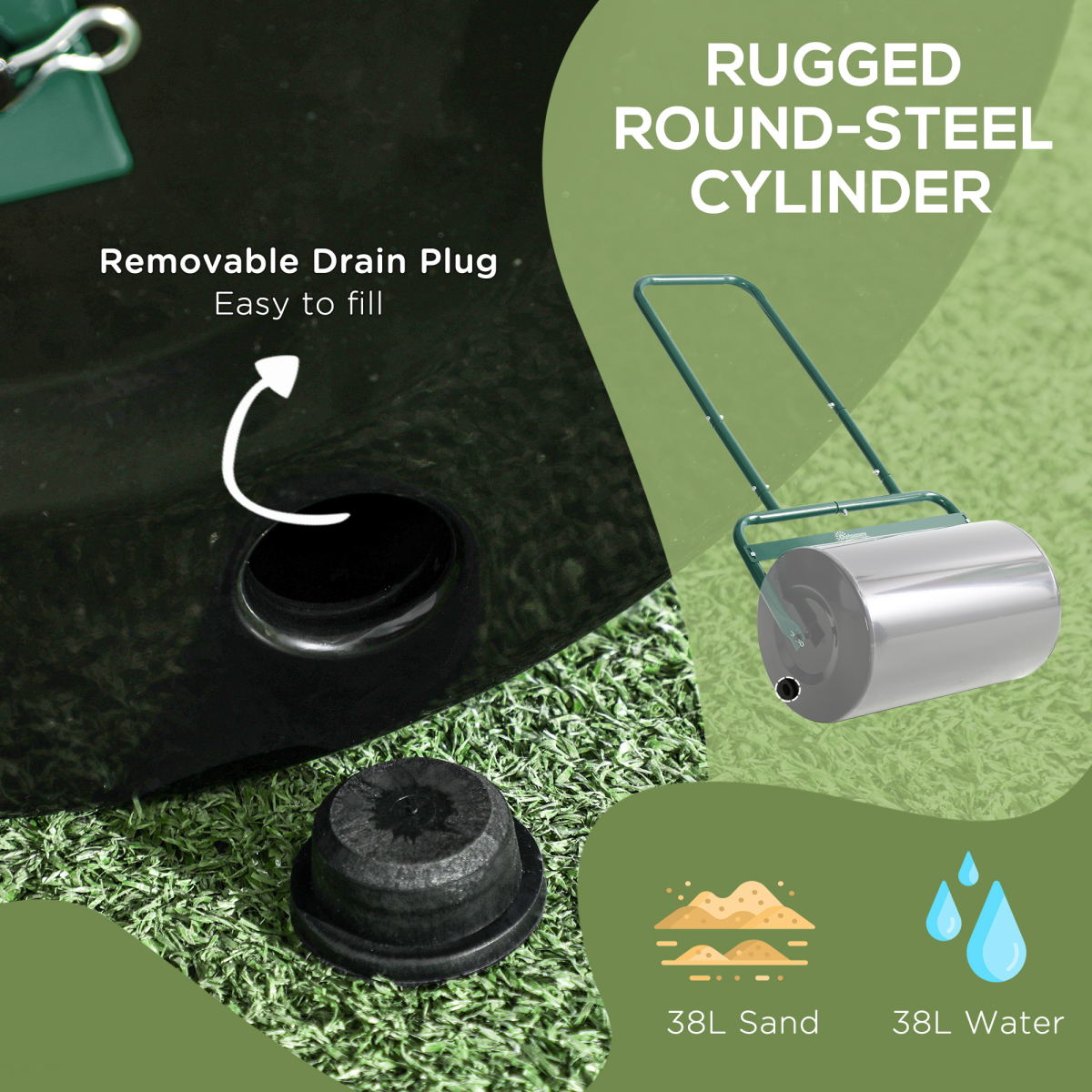 Outsunny 38L Garden Push Roller with U-Shaped Handle, Sand or Water Filled – Steel Lawn Roller, Dark Green