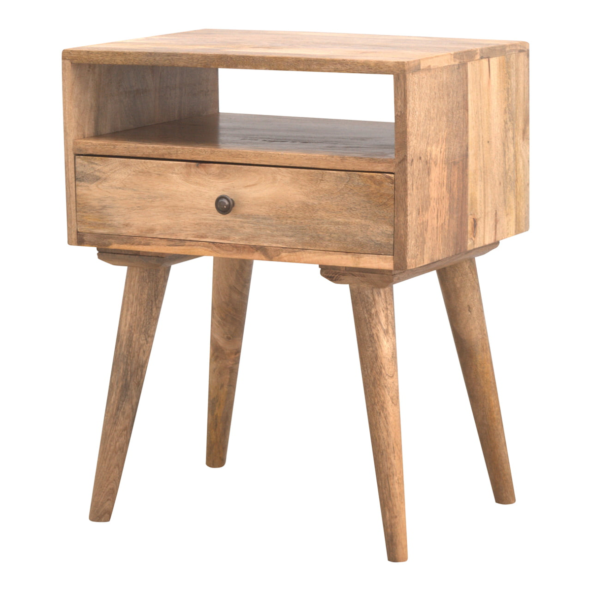 Artisan Furniture Solid Mango Wood Modern Bedside Table with 1 Drawer & Open Shelf – Oak-ish Finish, Beige