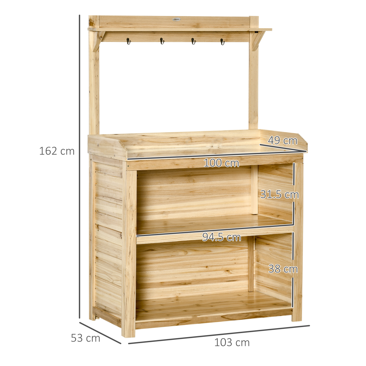 Outsunny Garden Potting Bench Table with Galvanised Metal Top, Storage Shelves & Hooks – Fir Wood Workstation